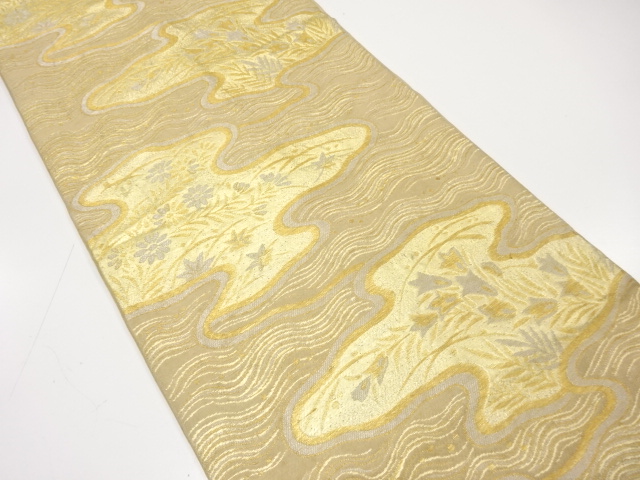 JAPANESE KIMONO / ANTIQUE FUKURO OBI / WOVEN MIST & FLORAL PLANTS